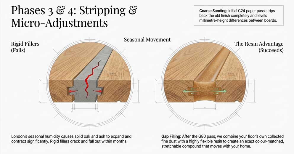 stripping old finish and micro adjustments during hardwood floor sanding process