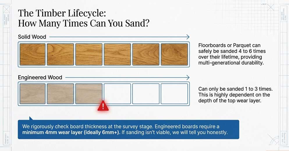 how many times a wooden floor can be sanded based on thickness and condition