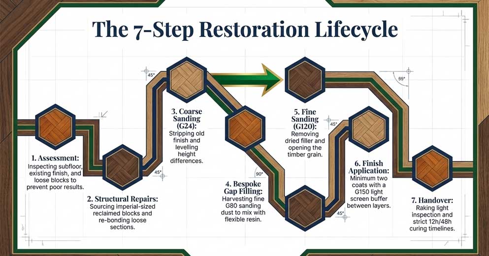 parquet floor restoration process including sanding repairs and finishing London