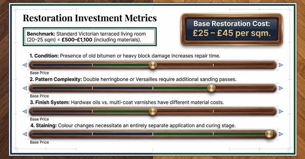 parquet floor restoration cost London based on condition size and repairs