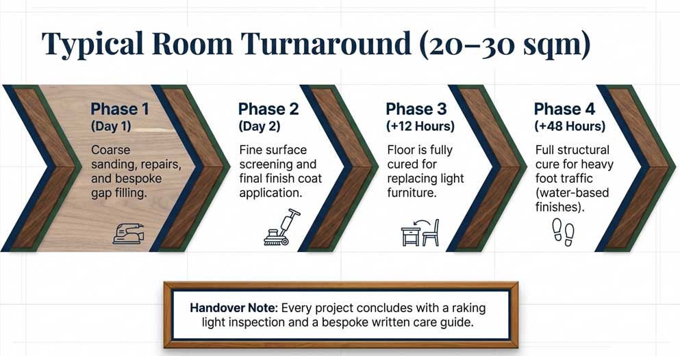 how long parquet floor sanding takes depending on size and condition