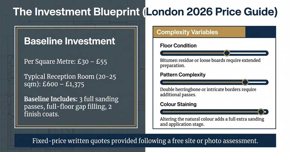 herringbone floor sanding service in London restoring parquet flooring pattern