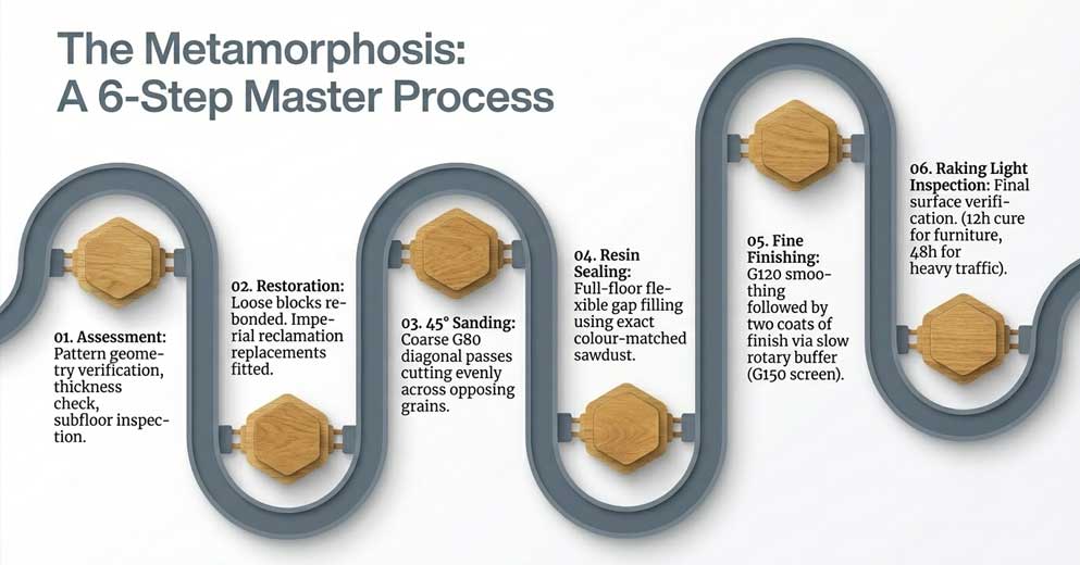 herringbone parquet sanding process including repairs sanding and finishing London