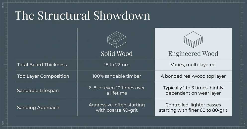Engineered vs Solid Wood Floor Sanding – Key Differences difference between engineered and solid wood floor sanding methods and limits