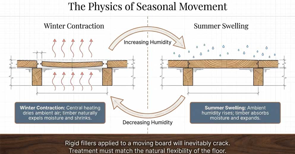 why gaps form in wooden floors due to movement drying and wear over time