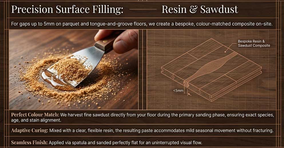 resin and sawdust gap filling for small gaps up to 5mm in wood floors
