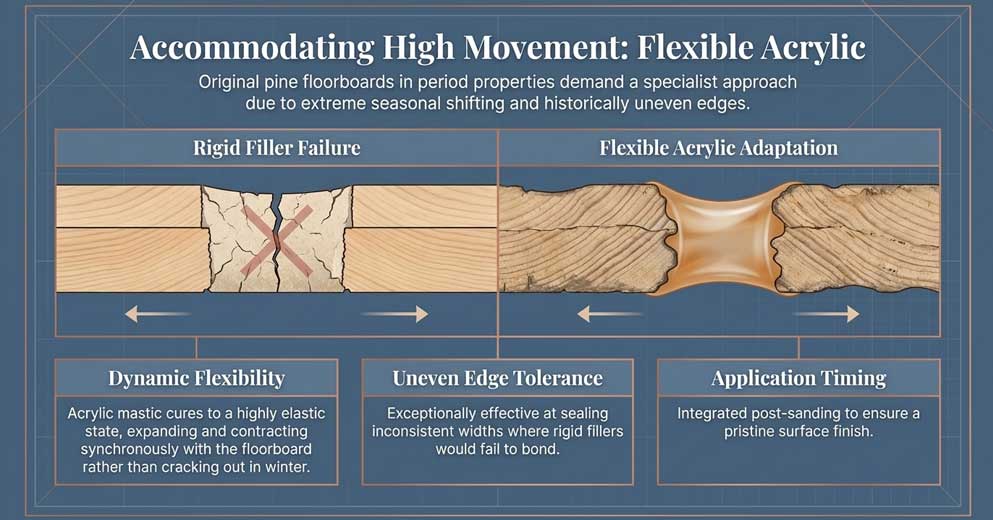 flexible acrylic filler for original pine floorboards gap filling solution