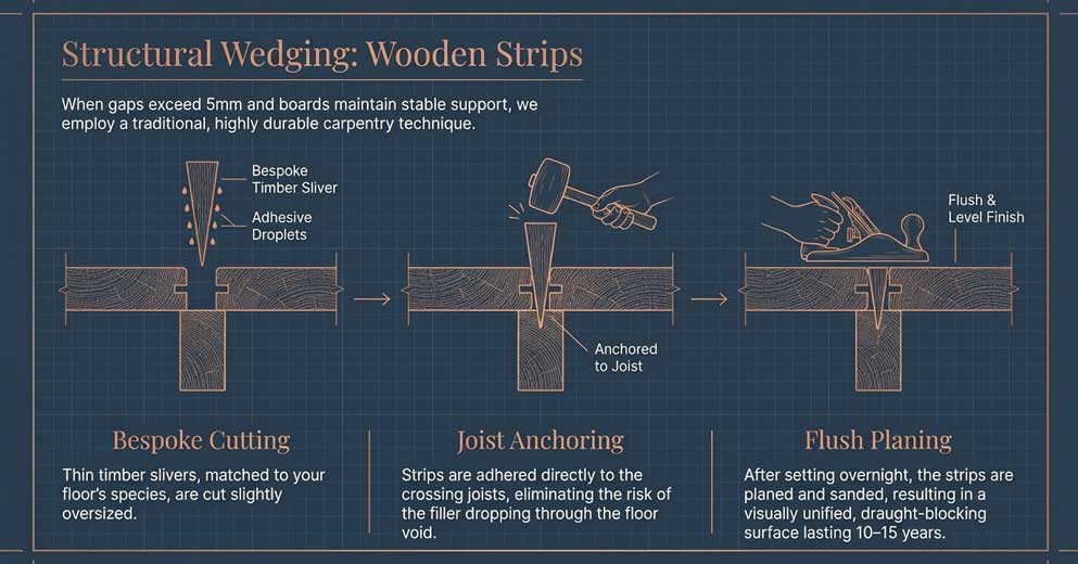 wooden strip gap filling for large gaps over 5mm in floorboards