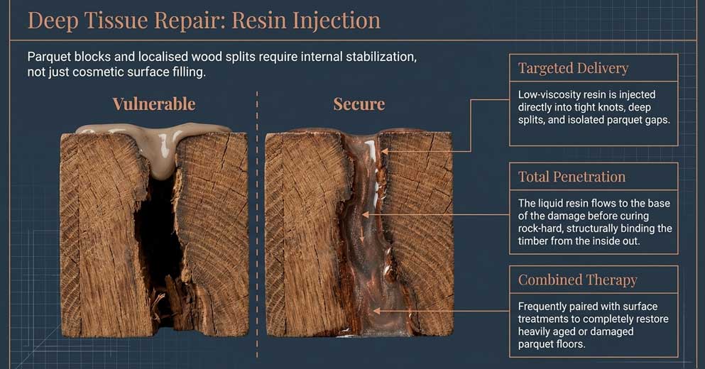 resin injection method for localised wood floor gap repairs
