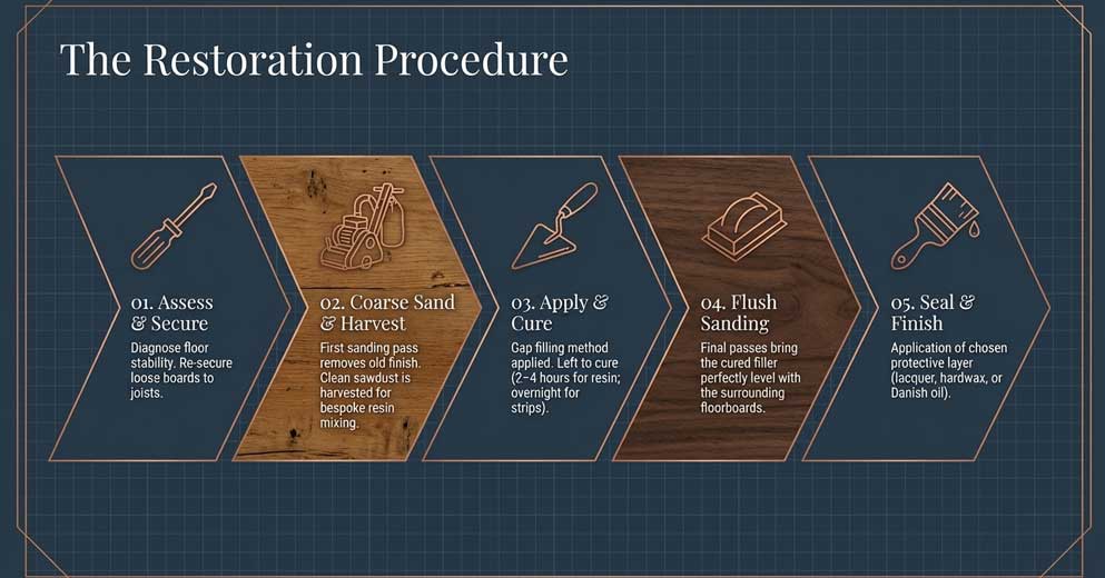 wood floor gap filling process including preparation filling and finishing