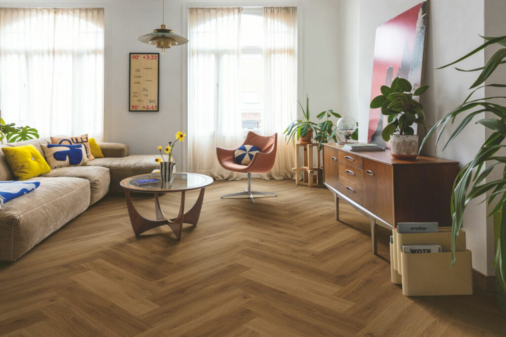 QuickStep Alpha Ciro, Botanic Caramel Oak Herringbone Vinyl Flooring, 126x6x630mm