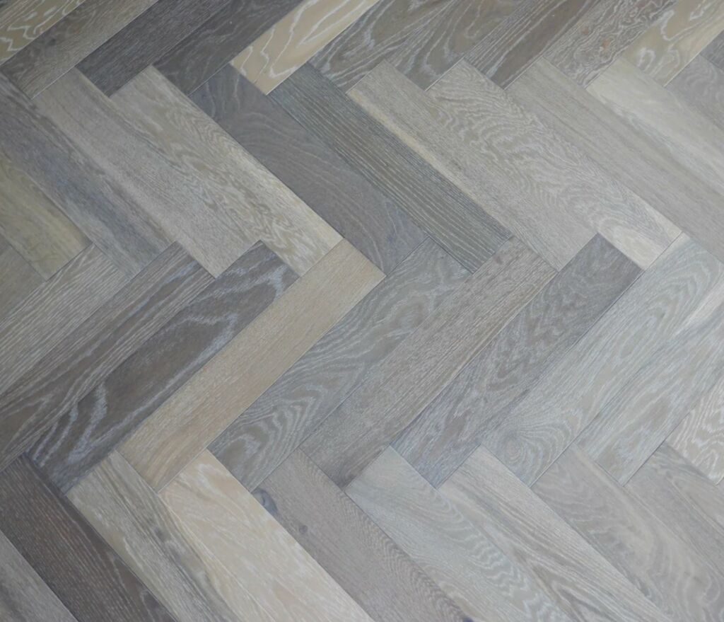 Tradition Engineered Oak Parquet Flooring, Herringbone, Smoke Grey, UV Oiled, 90x14x450mm