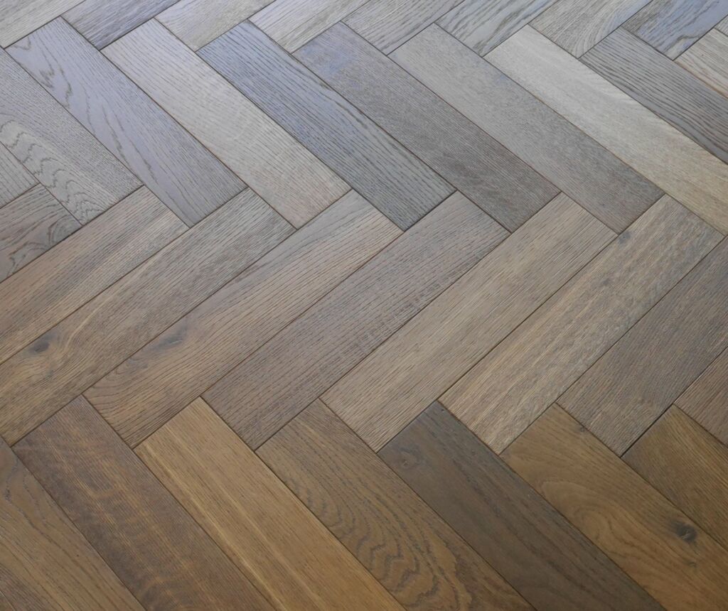 Tradition Engineered Oak Parquet Flooring, Herringbone, Smoked, Brushed & Oiled, 90x14x450mm
