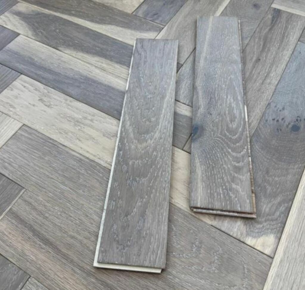Tradition Engineered Oak Parquet Flooring, Herringbone, Misty Smoked Grey, Brushed, Matt Lacquered, 90x10x450mm