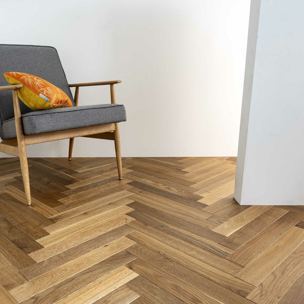 V4 Tundra Herringbone, Thermo Engineered Oak Flooring, Rustic, Brushed & UV Oiled, 70x11x490mm