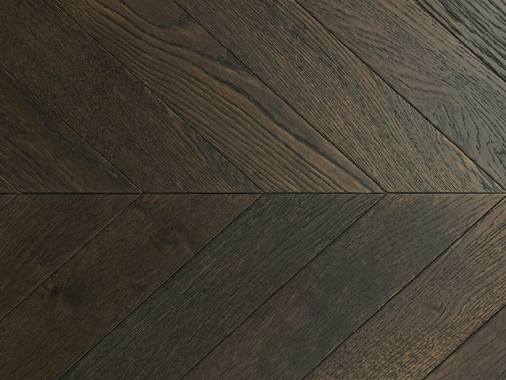 Xylo Dark Mocha Stained Engineered Oak Flooring, Rustic, Chevron, Brushed & UV Oiled, 90x14x540mm