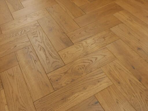 Solid Oak Parquet Flooring Herringbone Blocks, Rustic, Golden Smoked Brushed UV Oiled, 90x18x300mm Thumb
