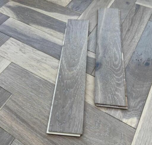 Tradition Engineered Oak Parquet Flooring, Herringbone, Smoked Grey, Brushed, Matt Lacquered, 90x10x450mm