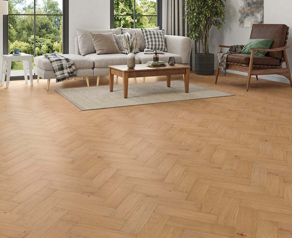 Amberstem Herringbone Engineered Light Oak Flooring, Brushed, Invisible, UV Oiled, 90x14x300mm Image