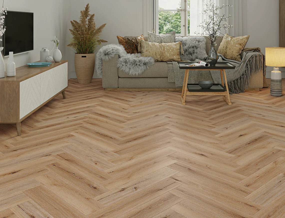 Karuna Oak SPC Vinyl Flooring, Herringbone, 128x5x615mm Image