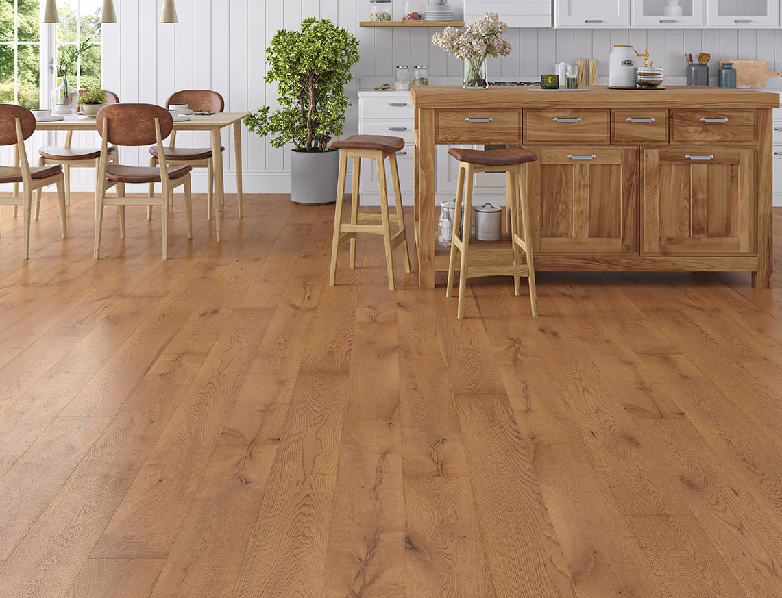 Mora Engineered Oak Flooring, Rustic, Golden Brushed & Lacquered, 190x20x1900mm Image