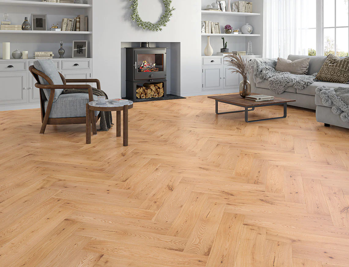 Harstad Engineered Oak Flooring, Herringbone, Rustic, Oiled, 125x15x600mm Image