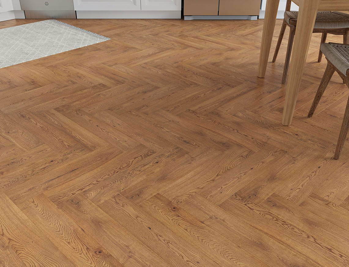 Ramberg Engineered Oak Flooring, Herringbone, Rustic, Golden Brushed & Oiled, 125x15x600mm Image