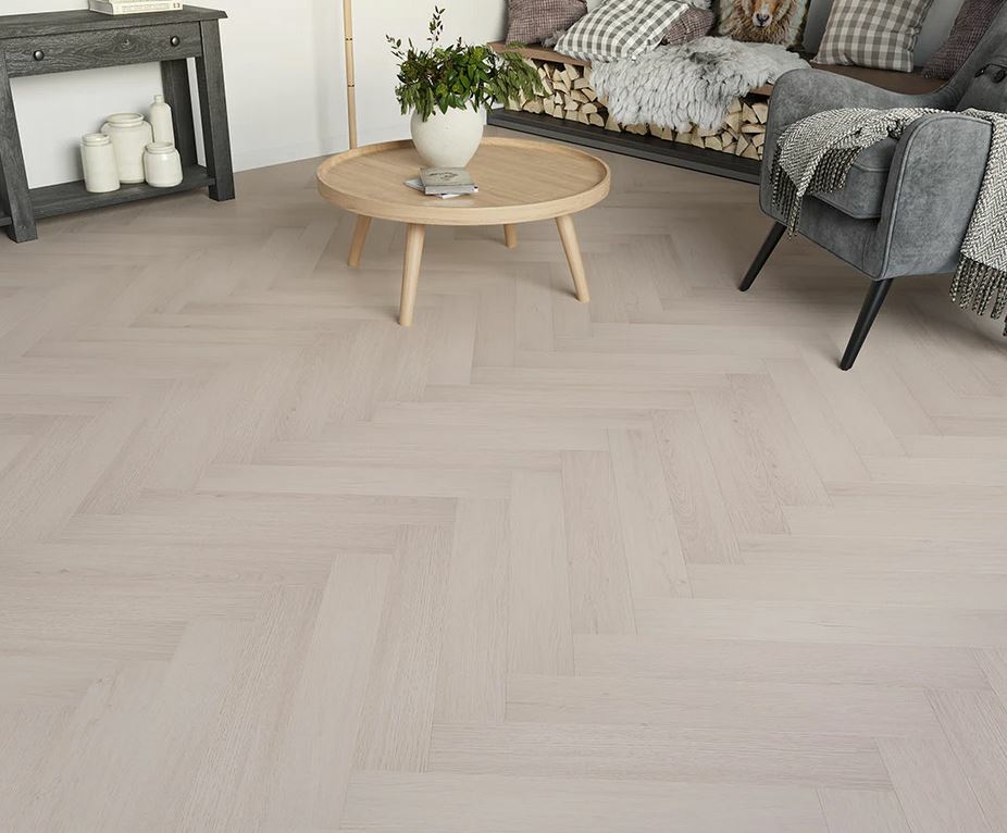 Silvergrove Oak Herringbone Laminate Flooring, Light Grey, 100x8x600mm Image