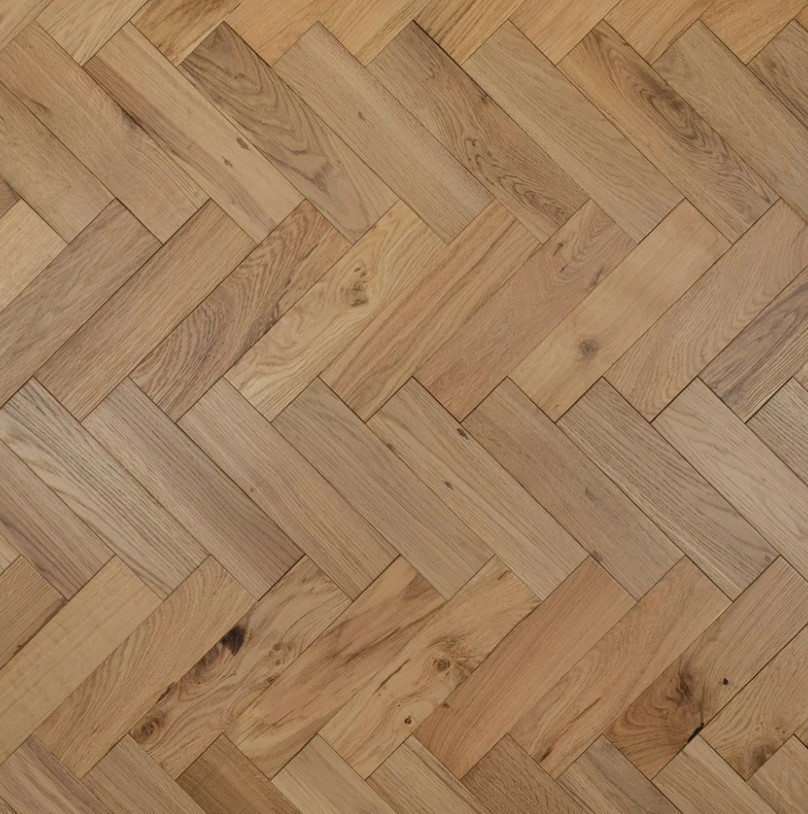 Solid Oak Parquet Flooring Herringbone Blocks, Natural Brushed, Matt Lacquered, 90x18x300mm Image