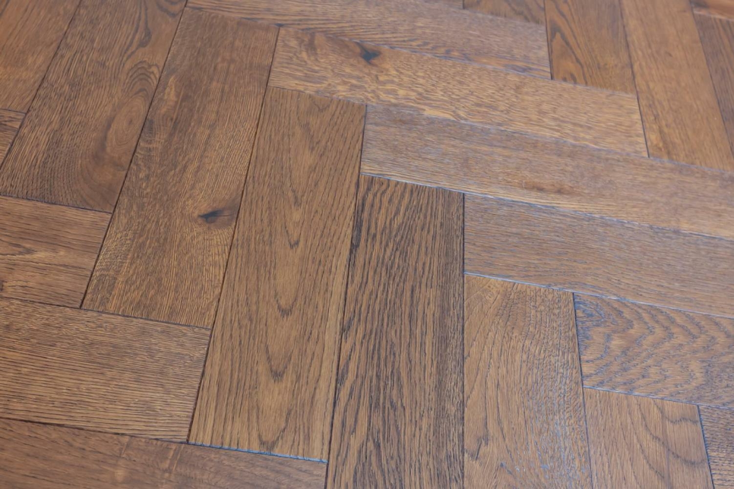 Tradition Life Coffee Herringbone Engineered Oak Flooring, Brushed, Dark Stain, Lacquered, 90x14x360mm Image